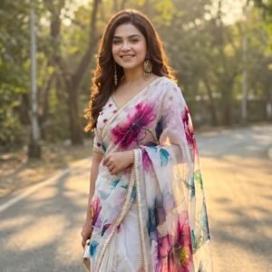 Cream Georgette Printed Saree With Floral Print