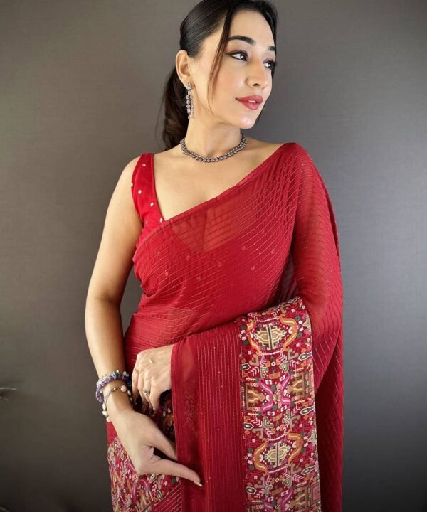 Red Georgette Royal Red Attractive Foil Print Saree